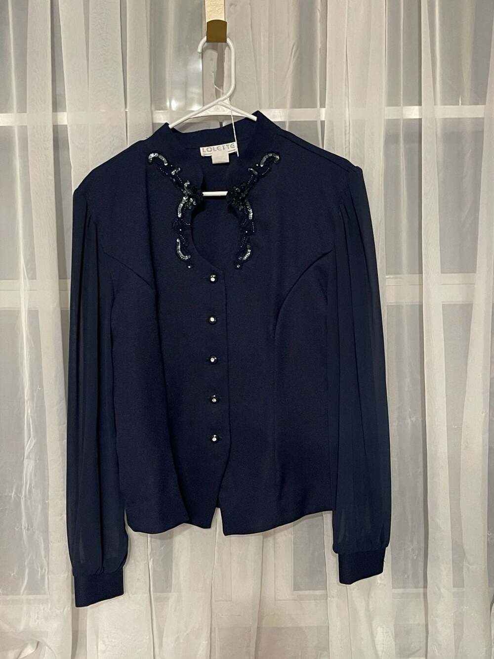 Vintage Lolette Navy Blue Sequin Beaded Collar Long Sleeve Button Up Blousert 16